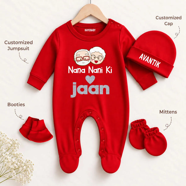 Nana Nani Ki Jaan Personalized Baby Gift Set with Name Print – Jumpsuit, Cap, Mittens & Booties