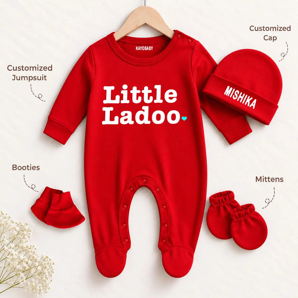 Little Ladoo Personalized Baby Gift Set with Name Print – Jumpsuit, Cap, Mittens & Booties