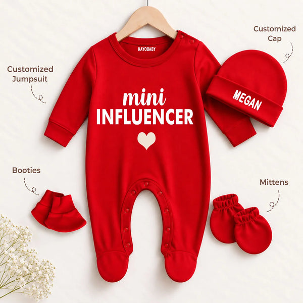 Mini Influencer Personalized Baby Gift Set with Name Print – Jumpsuit, Cap, Mittens & Booties