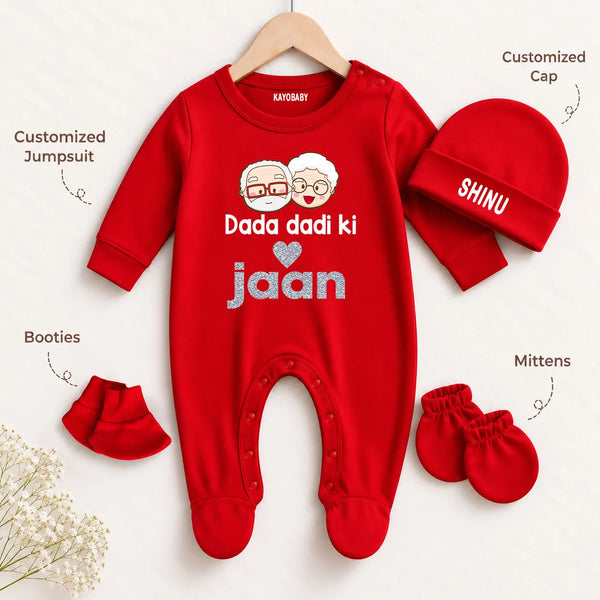 Dada Dadi Ki Jaan Personalized Baby Gift Set with Name Print – Jumpsuit, Cap, Mittens & Booties