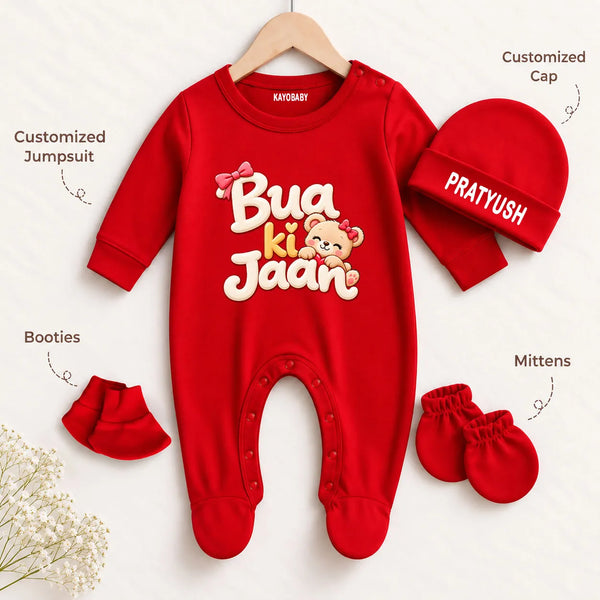 Bua Ki Jaan Personalized Baby Gift Set with Name Print – Jumpsuit, Cap, Mittens & Booties