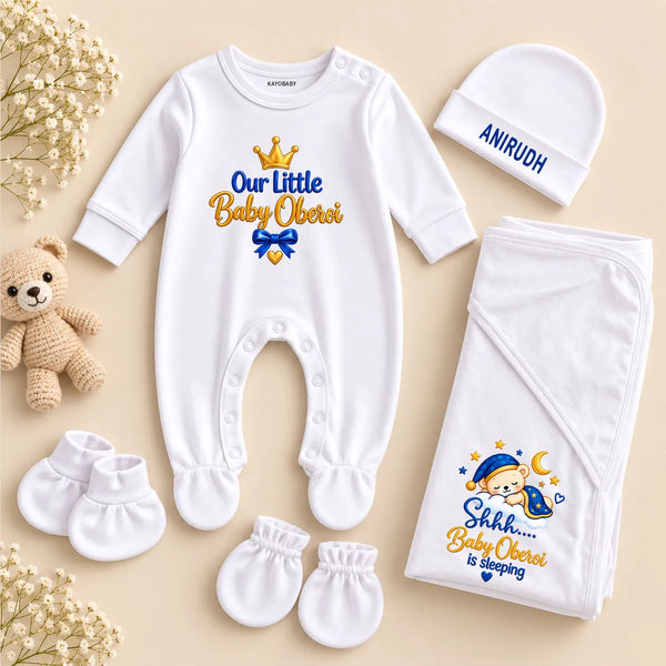 Personalized Baby Surname Newborn Gift Set with Sleeping Bear Swaddle