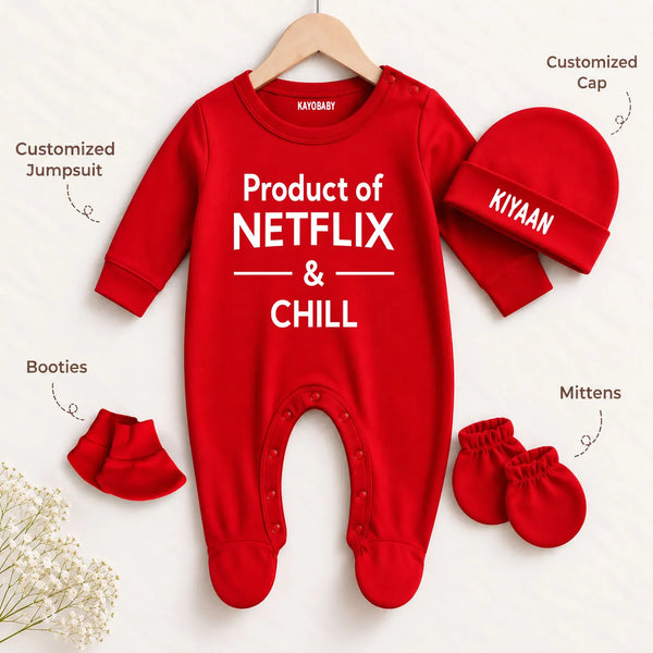 Netflix & Chill Personalized Baby Gift Set with Name Print – Jumpsuit, Cap, Mittens & Booties