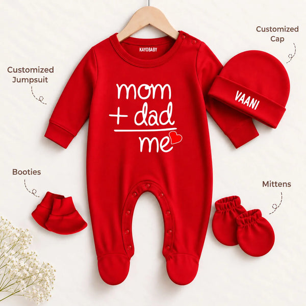Mom + Dad = Me Personalized Baby Gift Set with Name Print – Jumpsuit, Cap, Mittens & Booties