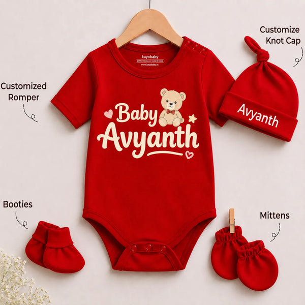 Personalized Baby Name 4-Piece Newborn Gift Set | Custom Name Romper, Cap, Mittens & Booties
