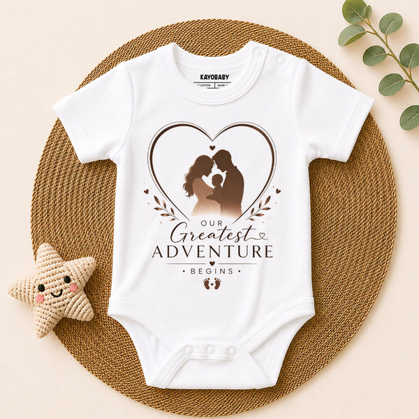 Our Greatest Adventure Begins Romper – Baby Shower Pregnancy Announcement Outfit