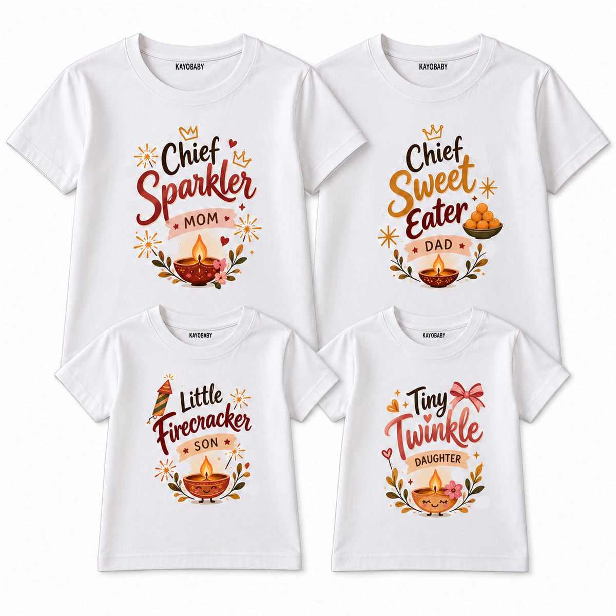 Diwali Family Matching T-Shirts Set | Chief Sparkler, Chief Sweet Eater & Kids Tees(Set of 4)
