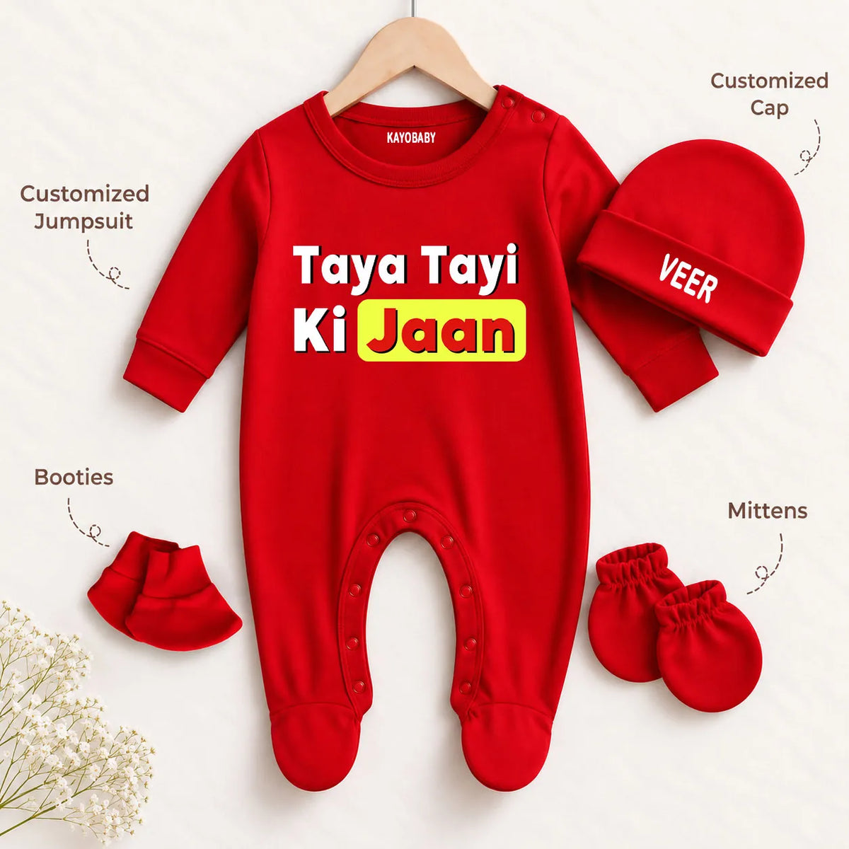Taya Tayi Ki Jaan Personalized Baby Gift Set with Name Print – Jumpsuit, Cap, Mittens & Booties