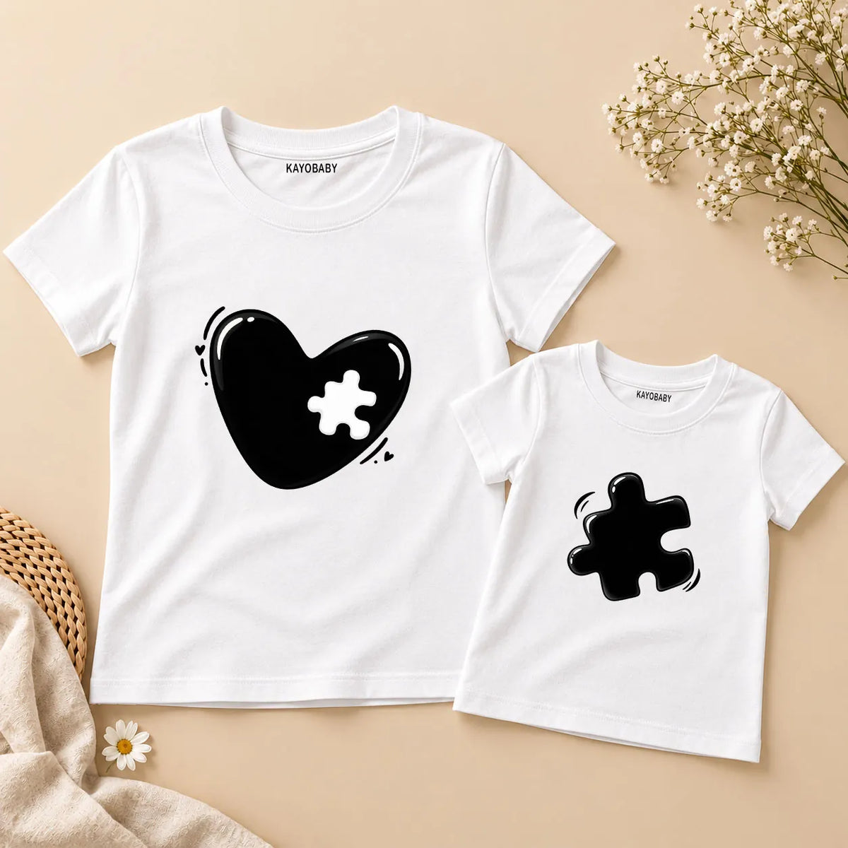 Mom & Baby Puzzle Heart Matching T-Shirts – Black Love Connection Set | KayoBaby