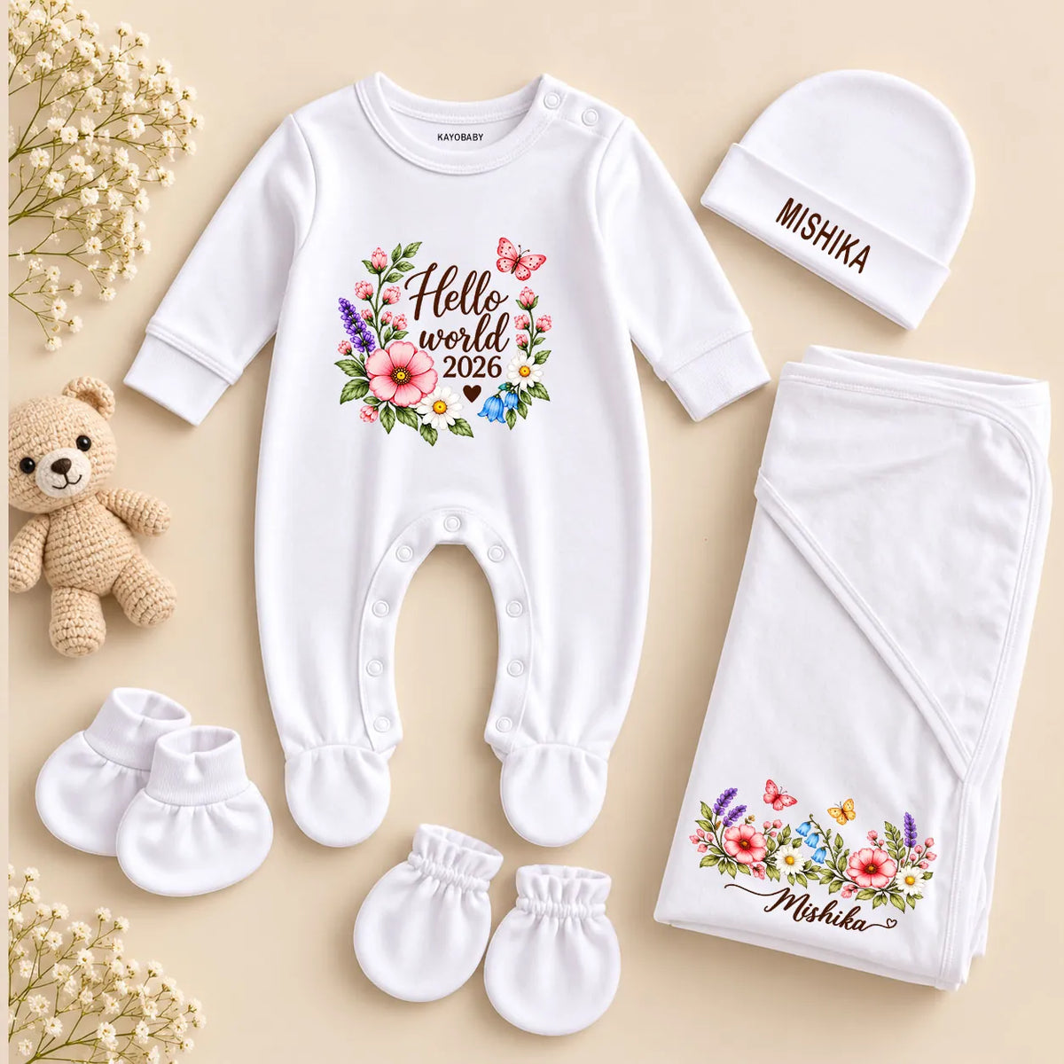 Personalized Hello World Newborn Baby Gift Set with Floral Name Swaddle