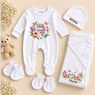 Personalized Hello World Newborn Baby Gift Set with Floral Name Swaddle