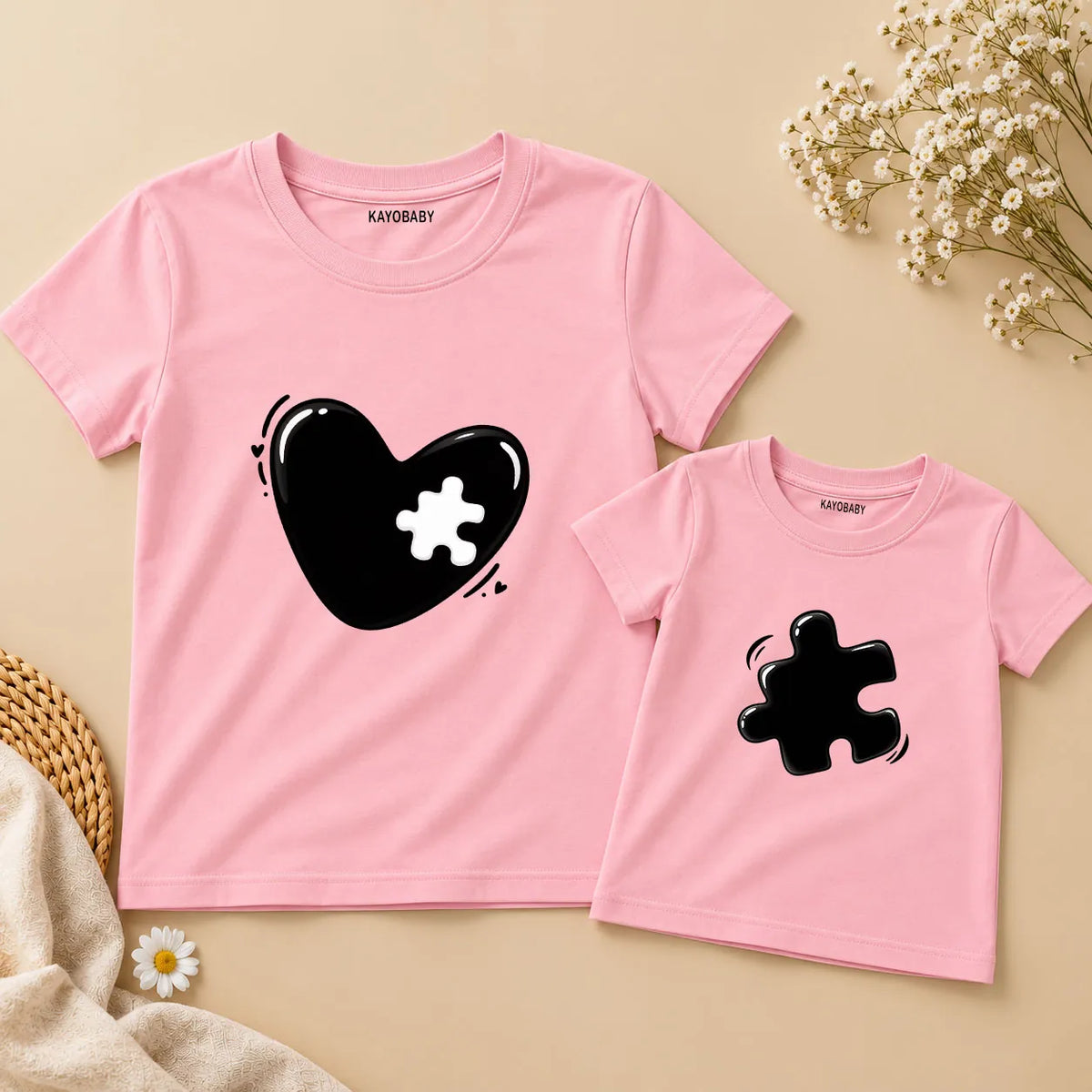 Mom & Baby Puzzle Heart Matching T-Shirts – Black Love Connection Set | KayoBaby