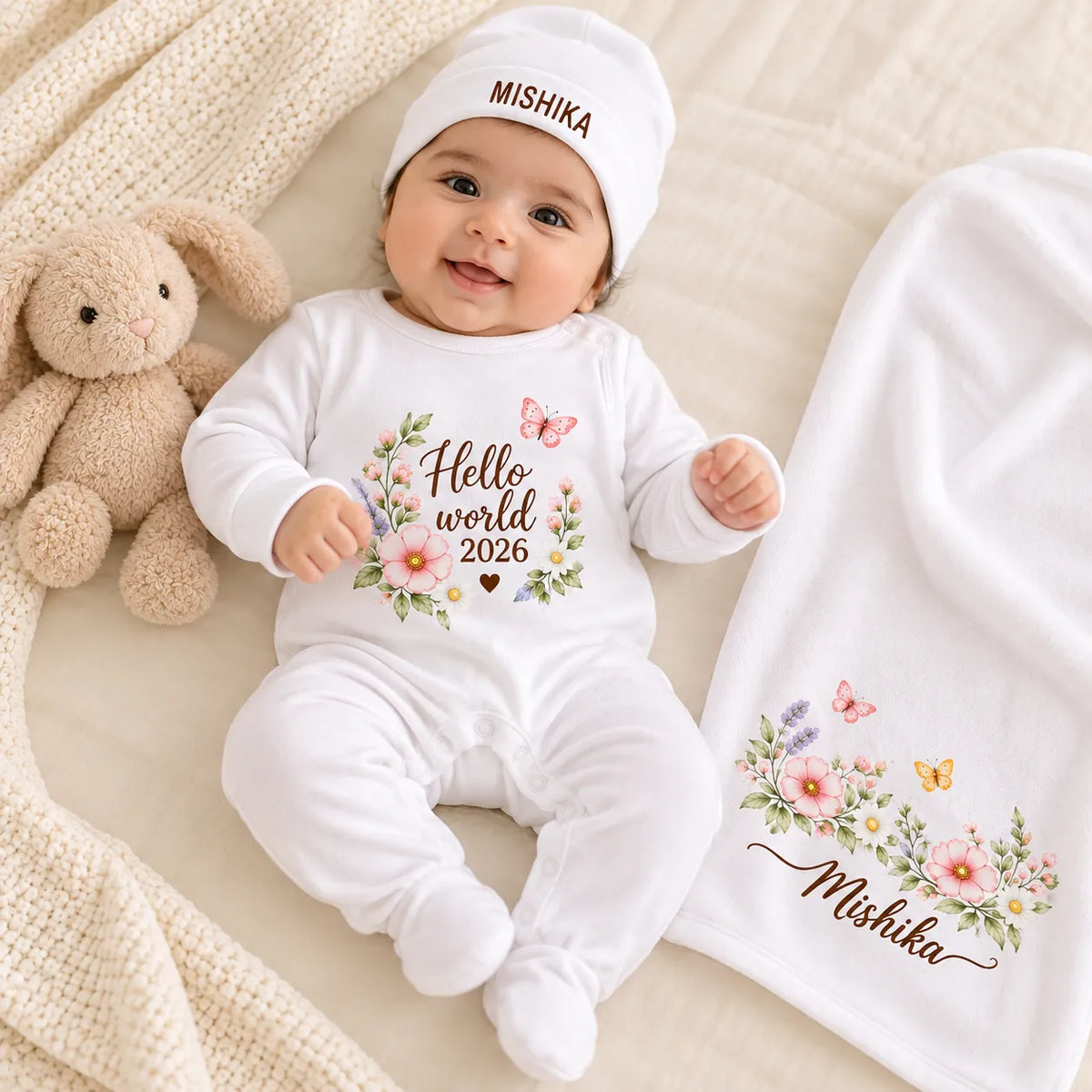Personalized Hello World Newborn Baby Gift Set with Floral Name Swaddle