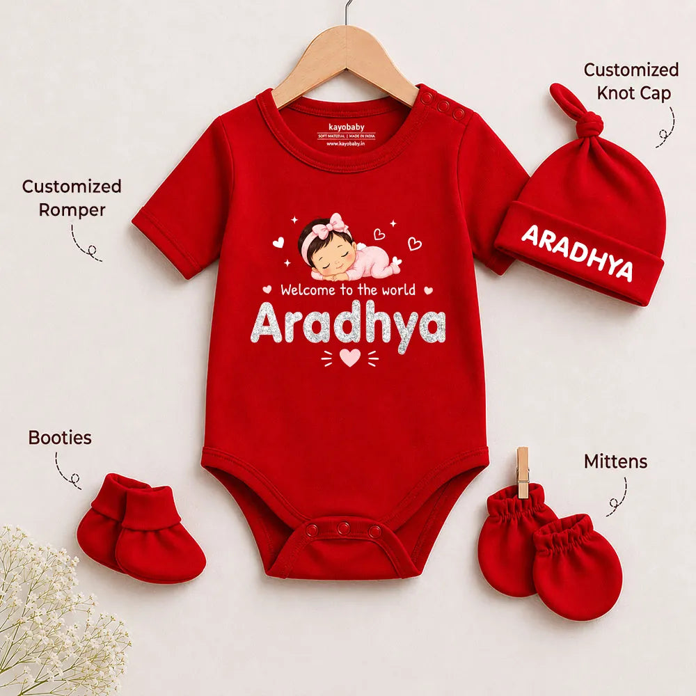 Welcome to the world Romper Set with Cap / Mitten / Booties For Newborn - Baby Girl