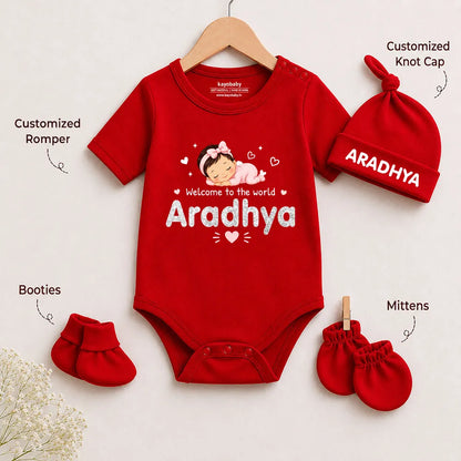 Welcome to the world Romper Set with Cap / Mitten / Booties For Newborn - Baby Girl