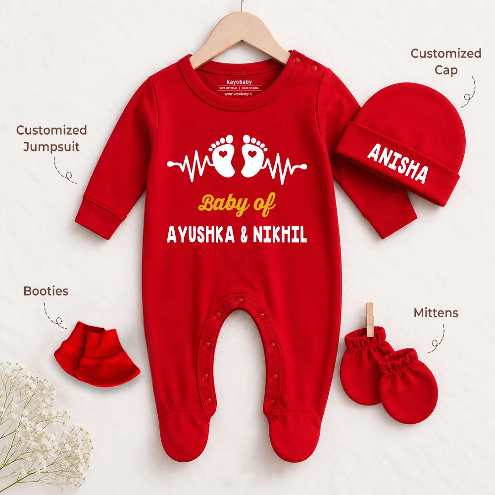 Baby of couple Names Personalized Baby Gift Set – Romper, Cap, Mittens & Booties