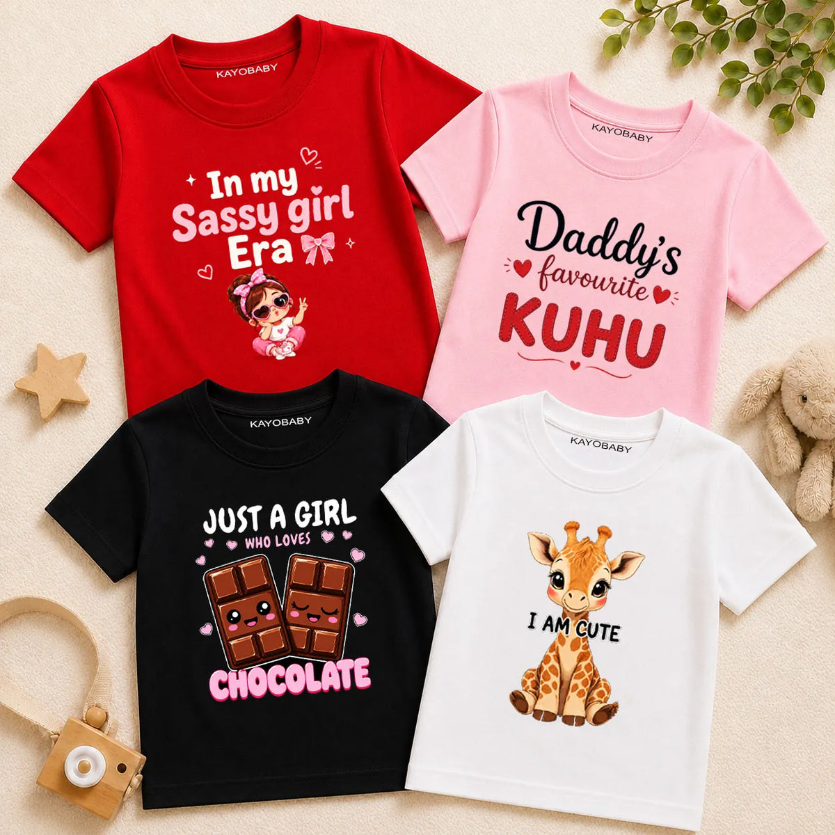 Personalized Girls Cotton T-Shirt Combo Pack of 4 | Sassy, Chocolate & Cute Animal Theme