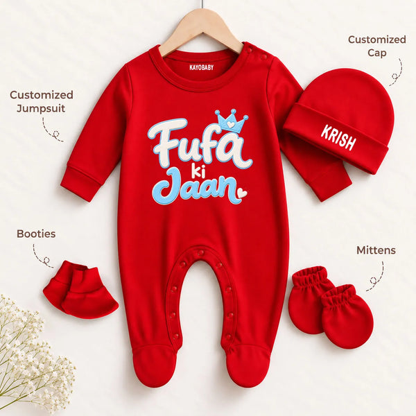 Fufa Ki Jaan Personalized Baby Gift Set with Name Print – Jumpsuit, Cap, Mittens & Booties