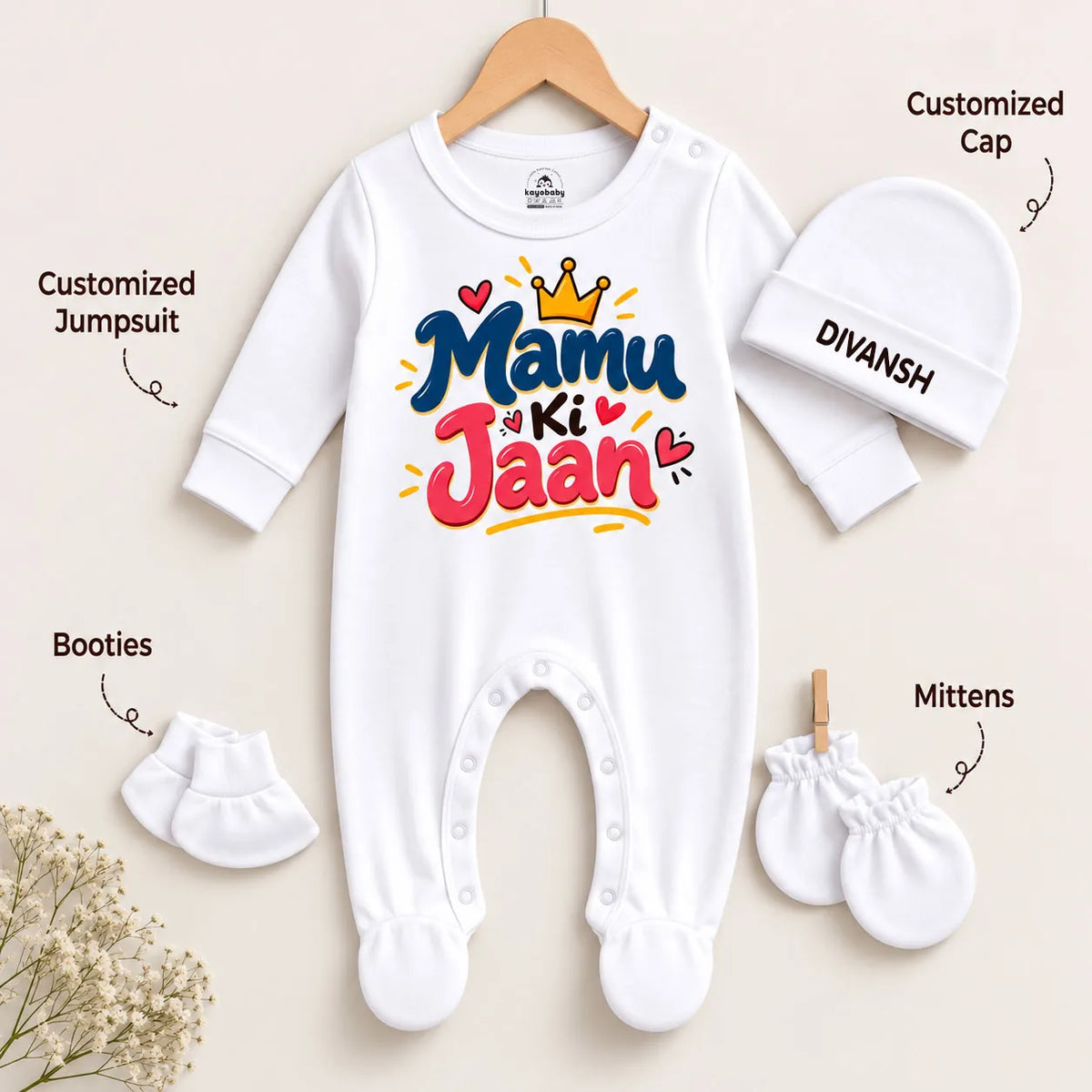 Mamu Ki Jaan2 Personalized Baby Gift Set with Name Print – Jumpsuit, Cap, Mittens & Booties