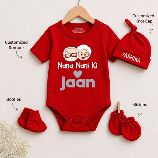 Nana Nani ki Jaan Romper Set with Cap / Mitten / Booties For Newborn