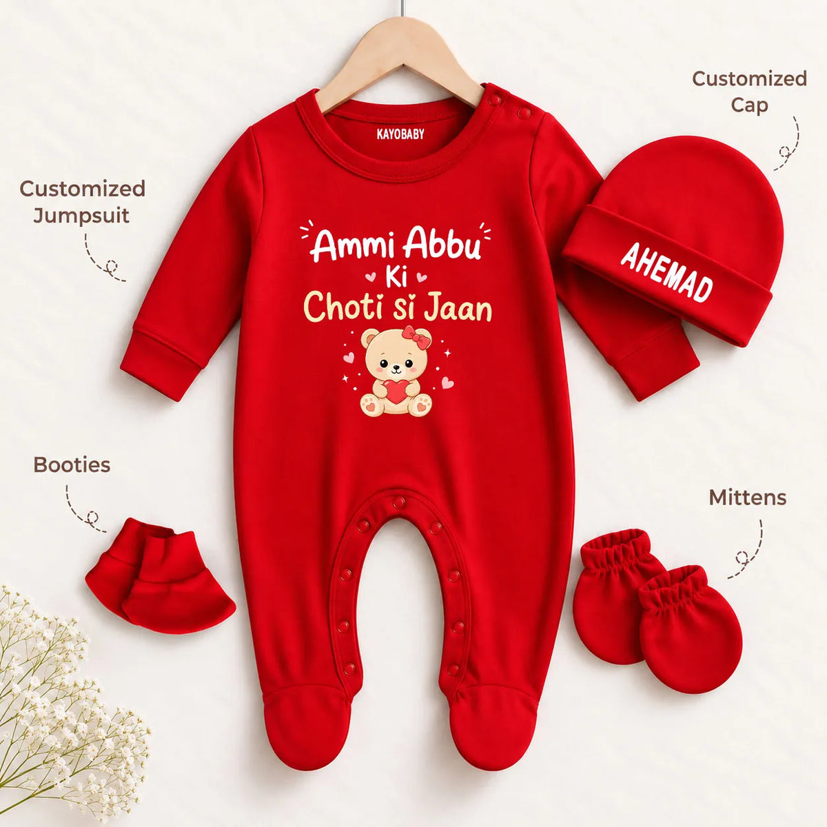 Ammi Abbu Ki Jaan Personalized Baby Gift Set with Name Print – Jumpsuit, Cap, Mittens & Booties