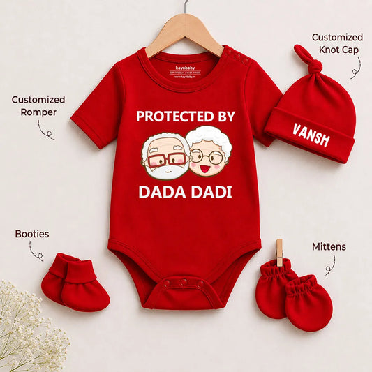 Protected By Dada Dadi Gift Set with Romper / Cap / Mitten / Booties for Newborn