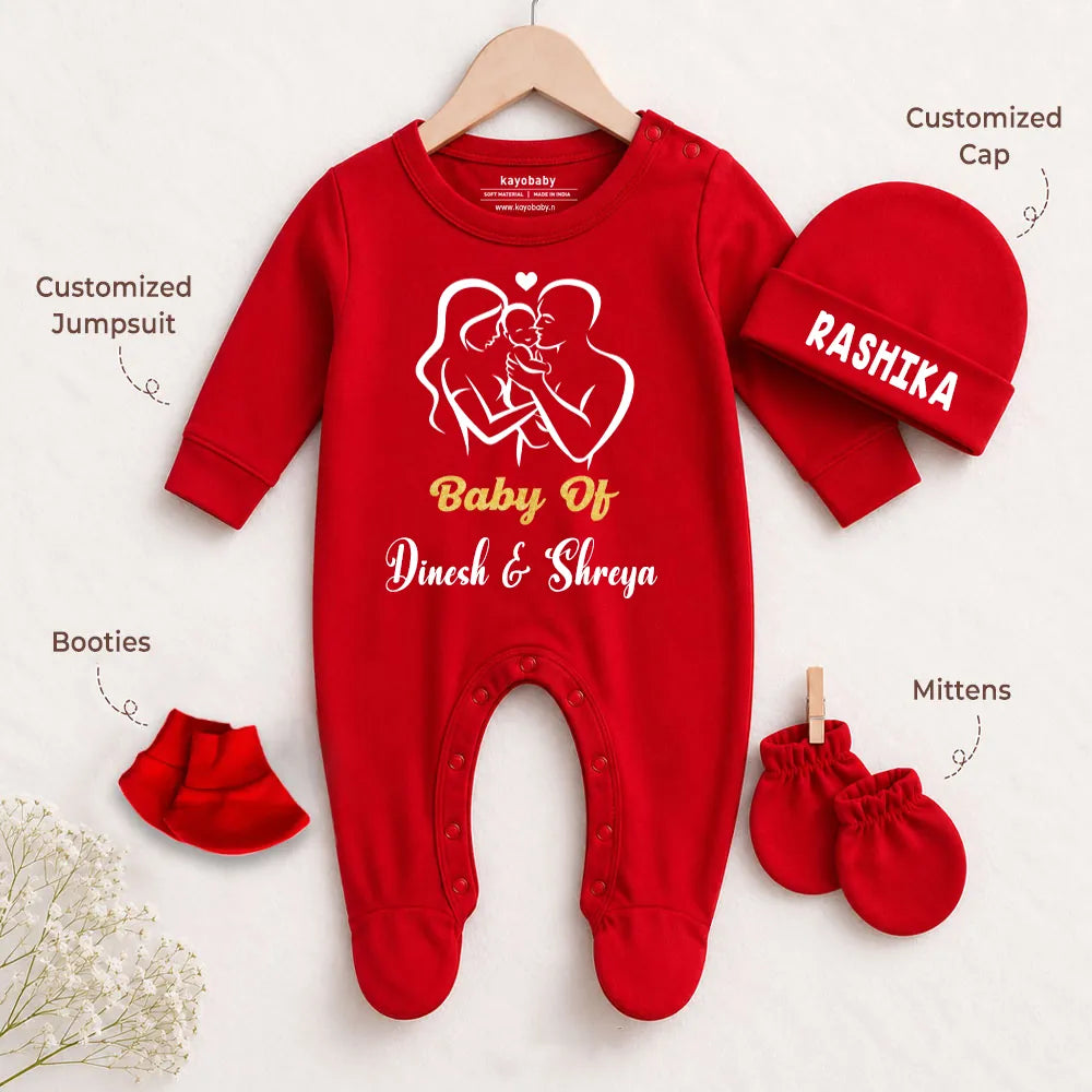 Baby of Parent's Names Personalized Baby Gift Set – Romper, Cap, Mittens & Booties