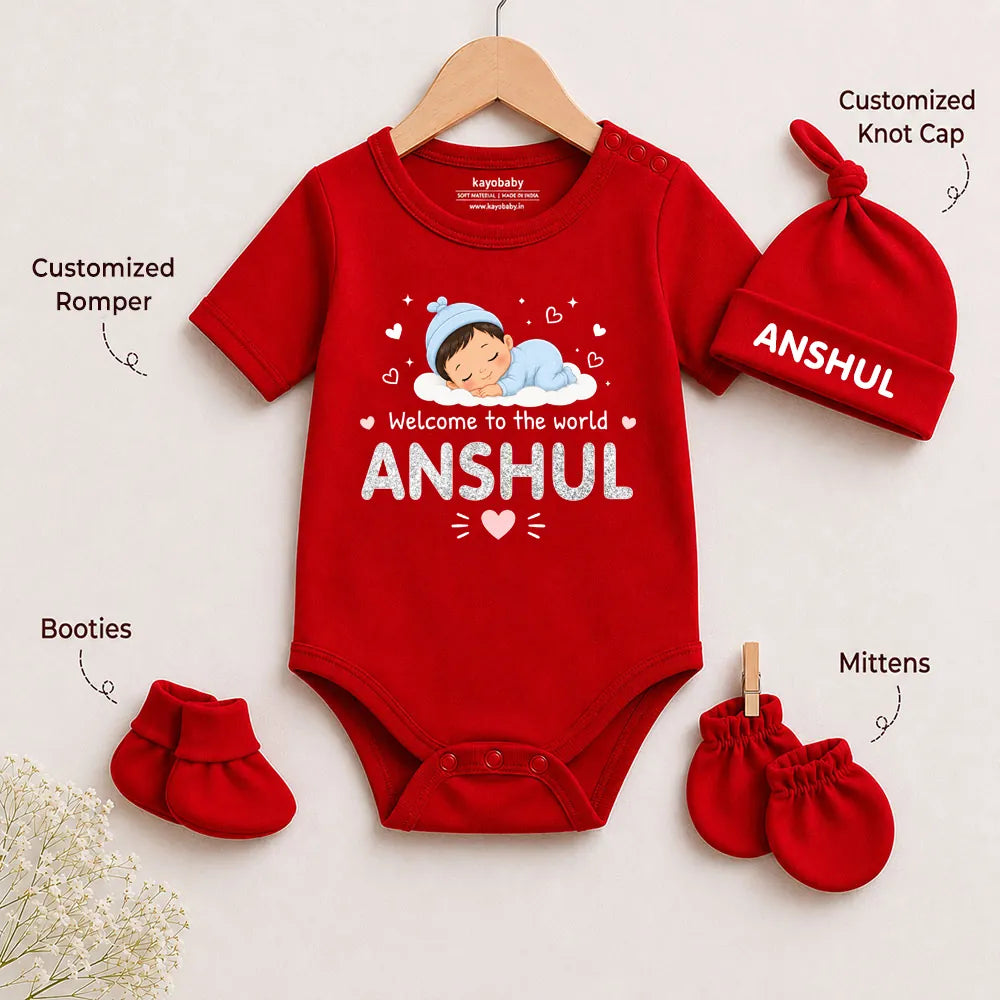 Welcome to the world Romper Set with Cap / Mitten / Booties For Newborn - Baby Boy