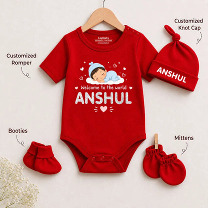 Welcome to the world Romper Set with Cap / Mitten / Booties For Newborn - Baby Boy