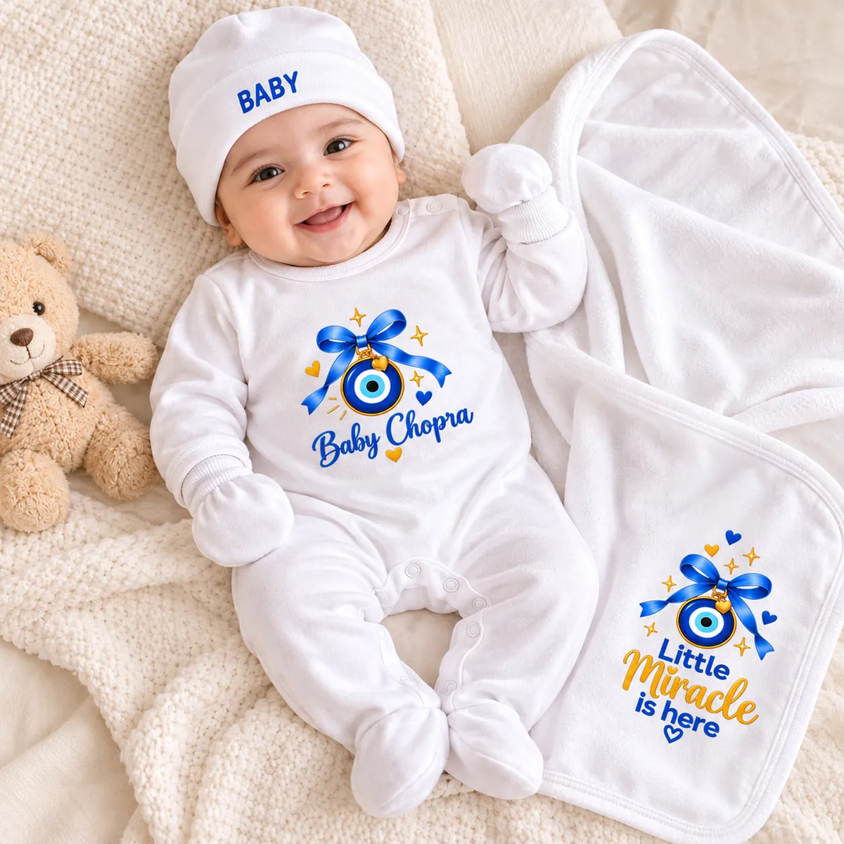 Personalized Evil Eye Newborn Baby Gift Set – Baby Welcome Outfit