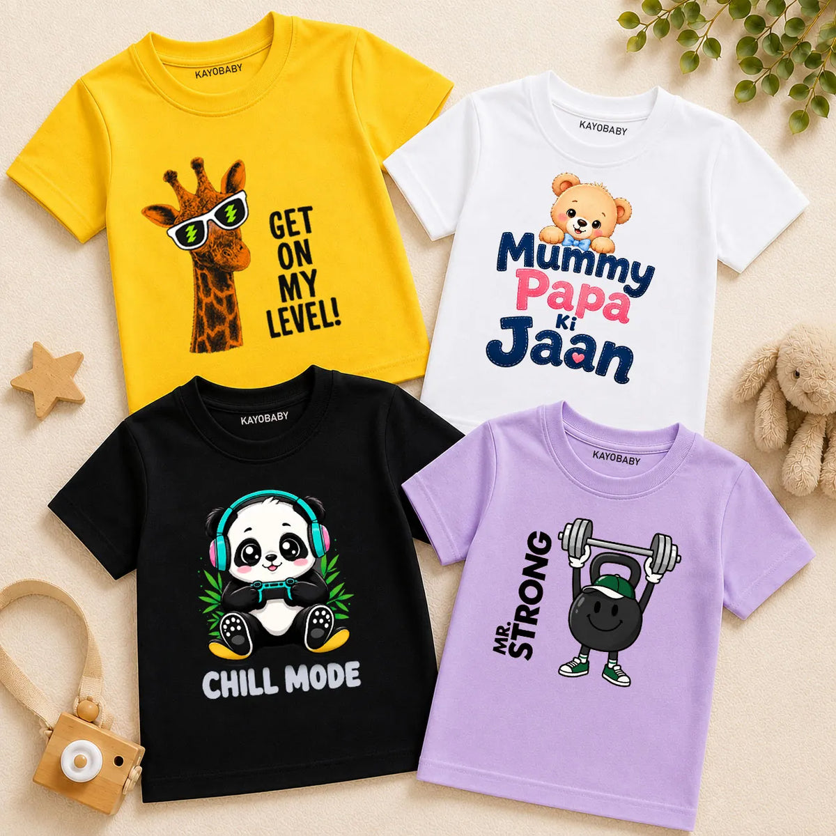 Kids Cotton T-Shirt Combo Pack of 4 | Giraffe, Chill Mode, Strong & Mummy Papa Jaan