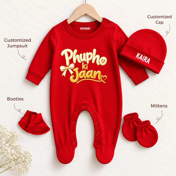 Phupho Ki Jaan Personalized Baby Gift Set with Name Print – Jumpsuit, Cap, Mittens & Booties