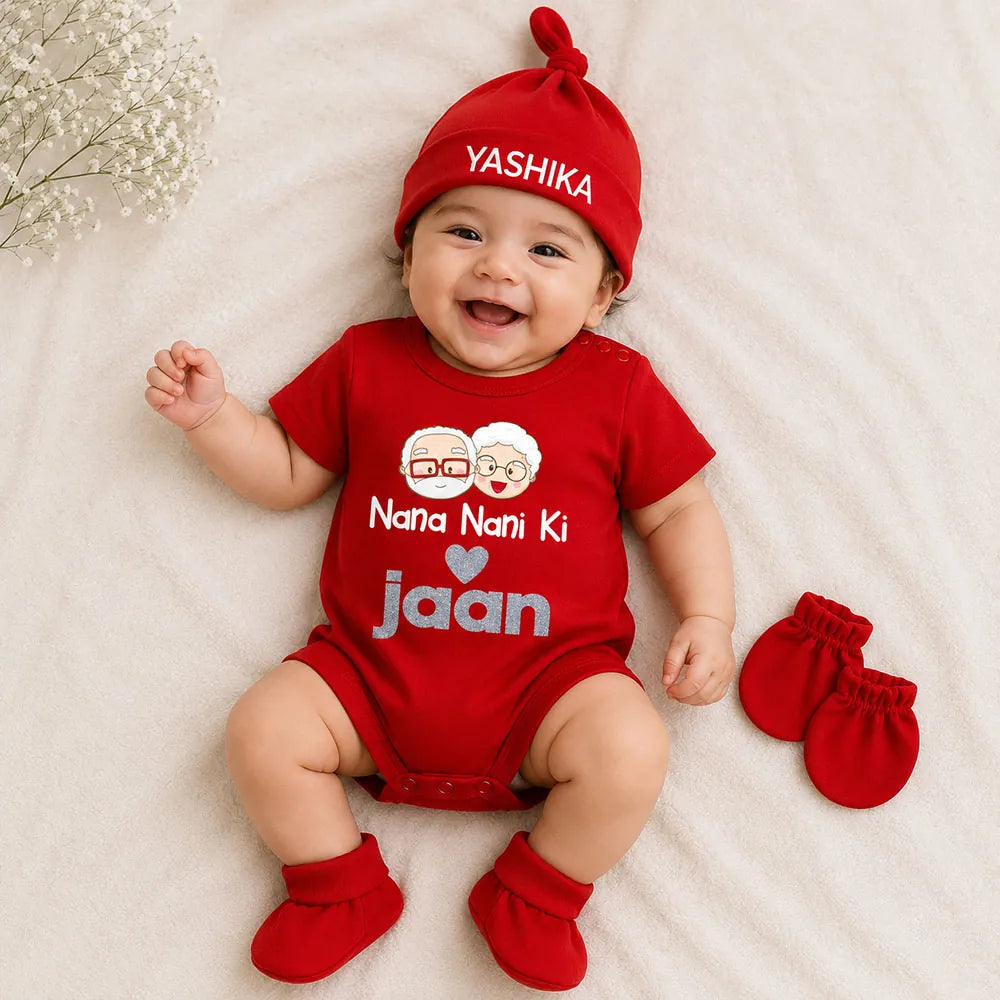 Nana Nani ki Jaan Romper Set with Cap / Mitten / Booties For Newborn