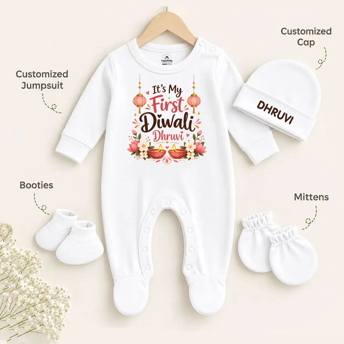 Personalized Baby’s First Diwali White Romper Set with Name Cap