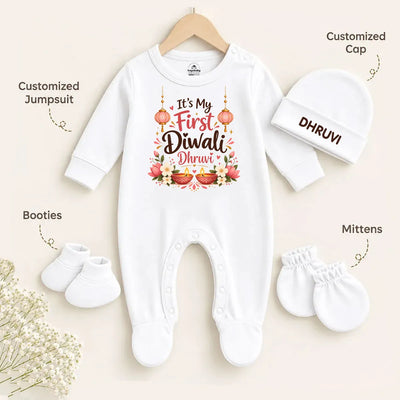 Personalized Baby’s First Diwali White Romper Set with Name Cap