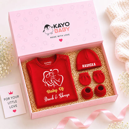 Baby of Parent's Names Personalized Baby Gift Set – Romper, Cap, Mittens & Booties