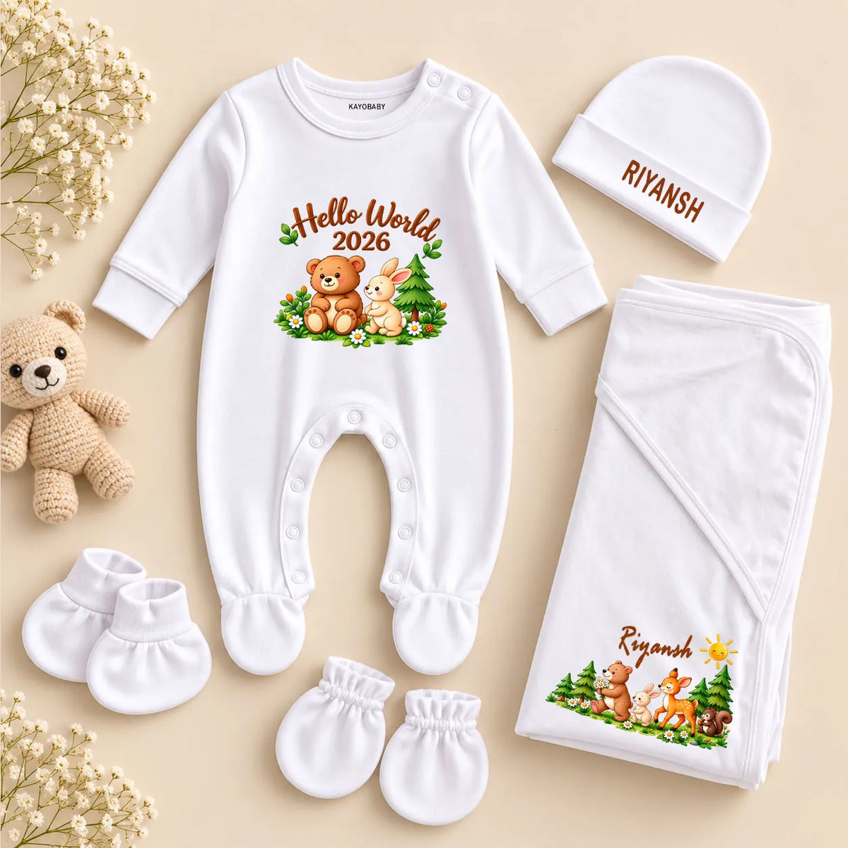 Personalized Hello World Newborn Baby Gift Set with Woodland Animal Swaddle