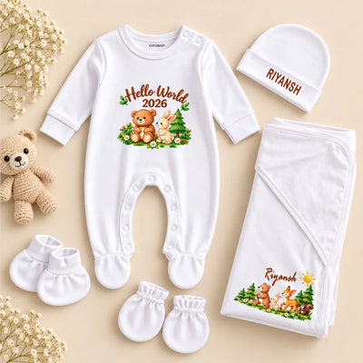 Personalized Hello World Newborn Baby Gift Set with Woodland Animal Swaddle