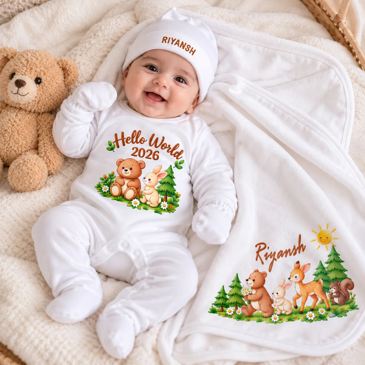Personalized Hello World Newborn Baby Gift Set with Woodland Animal Swaddle