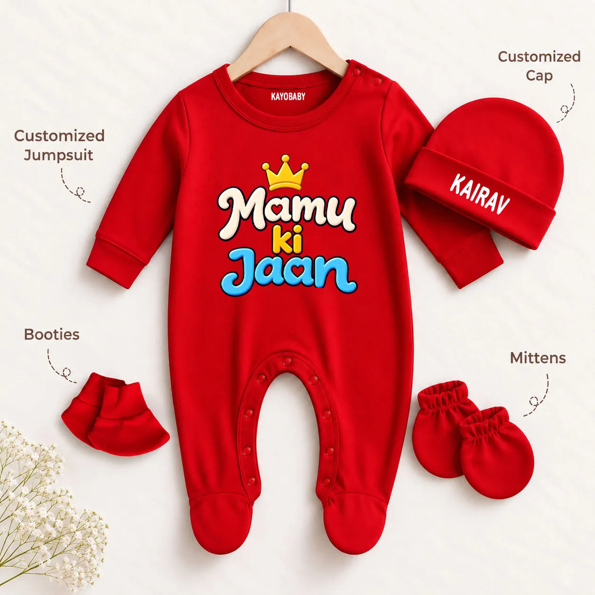 Mamu Ki Jaan Personalized Baby Gift Set with Name Print – Jumpsuit, Cap, Mittens & Booties