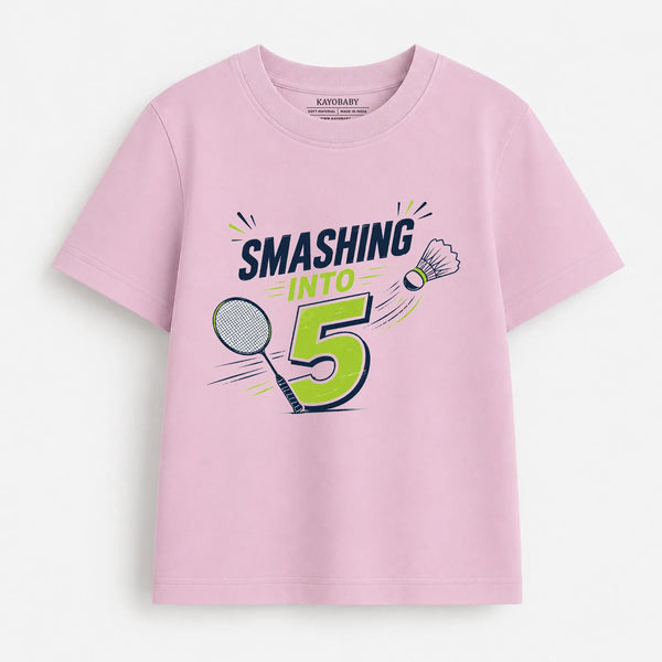 Smashing Into 5 Kids Birthday T-Shirt | Badminton 5th Birthday Tee for Boys & Girls