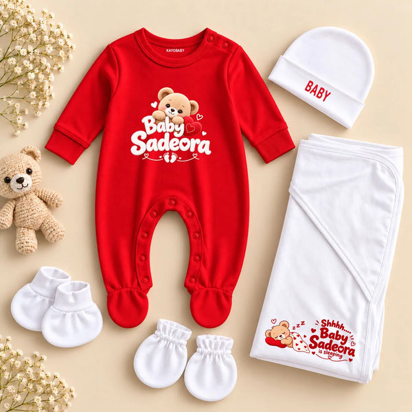 Personalized Baby Surname Red Newborn Gift Set with Teddy Bear Swaddle