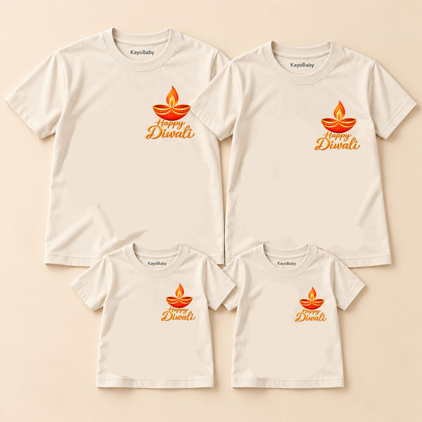 Happy Diwali Family Matching T-Shirts | Minimal Diya Print Tees for Mom, Dad & Kids (Set of 4)