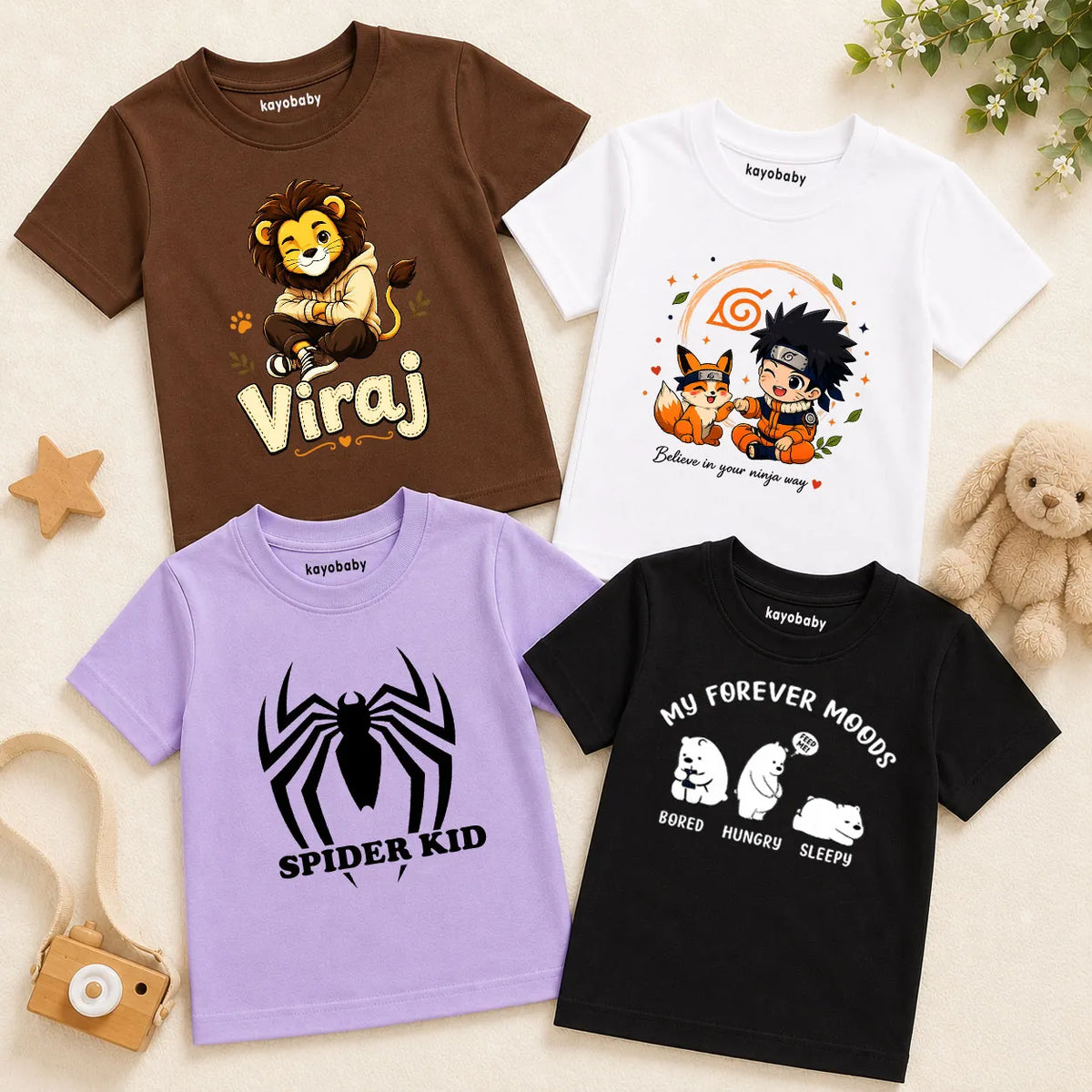 Kids Cotton T-Shirt Combo Pack of 4 | Personalized Lion, Spider Kid, Ninja & Funny Mood Tees