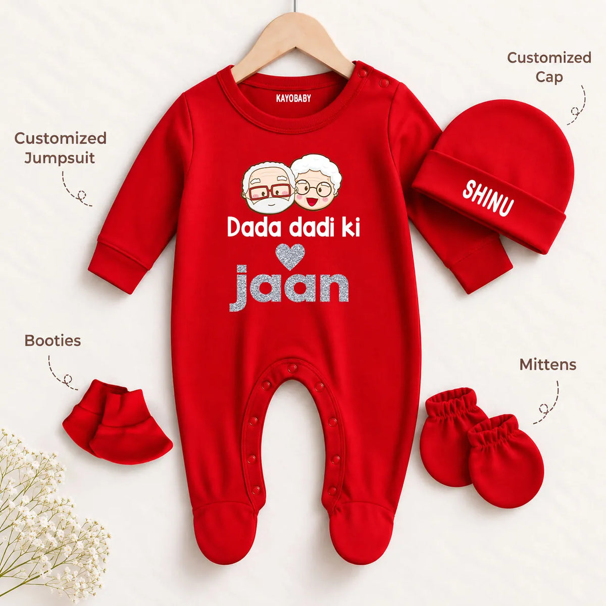 Dada Dadi Ki Jaan Personalized Baby Gift Set with Name Print – Jumpsuit, Cap, Mittens & Booties