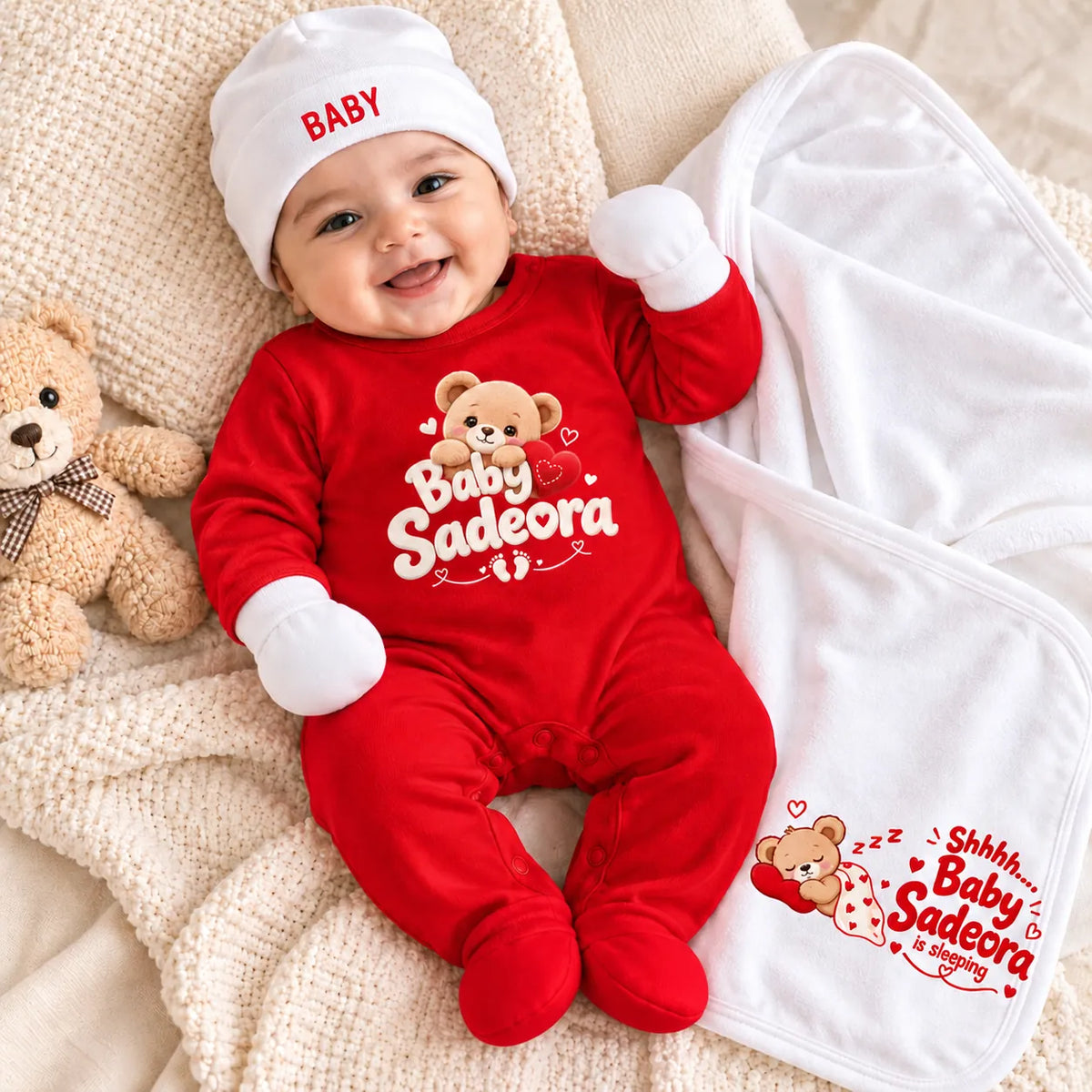 Personalized Baby Surname Red Newborn Gift Set with Teddy Bear Swaddle