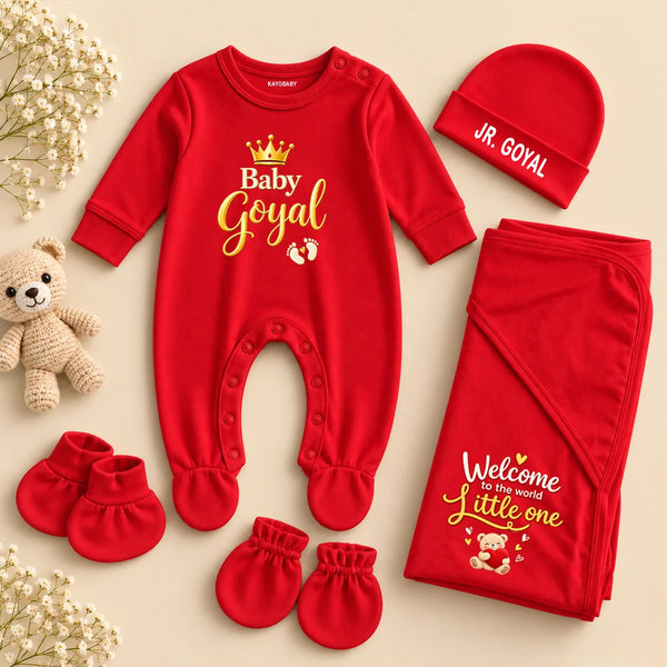Personalized Baby Surname Red Royal Welcome Newborn Gift Set