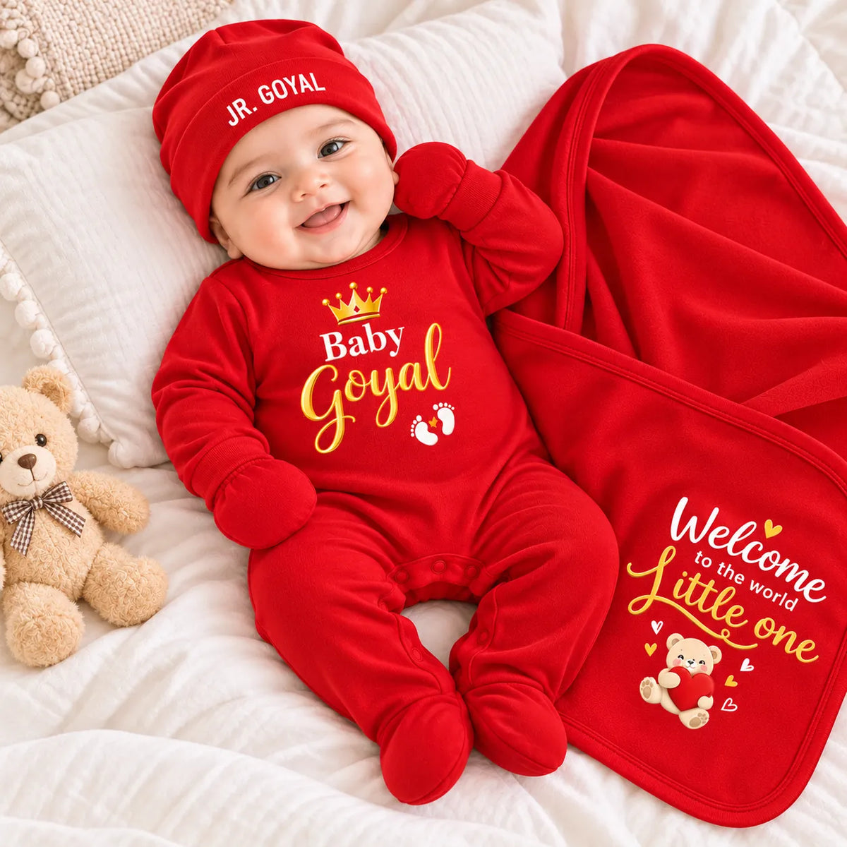 Personalized Baby Surname Red Royal Welcome Newborn Gift Set