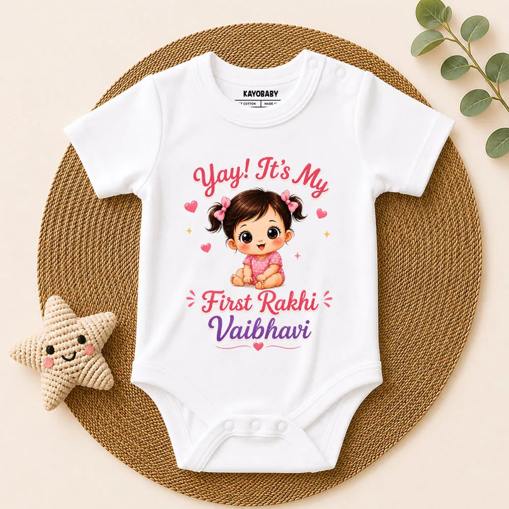 Personalized Yay! It's My First Rakhi Romper | Custom Baby Girl Raksha Bandhan Outfit