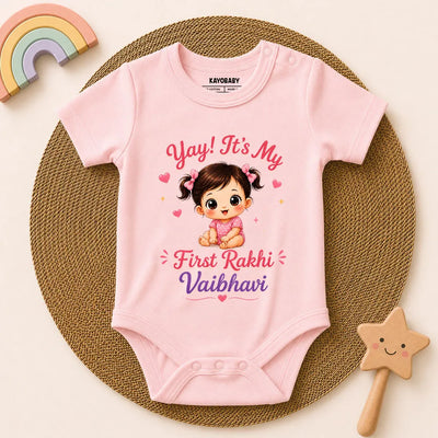 Personalized Yay! It's My First Rakhi Romper | Custom Baby Girl Raksha Bandhan Outfit